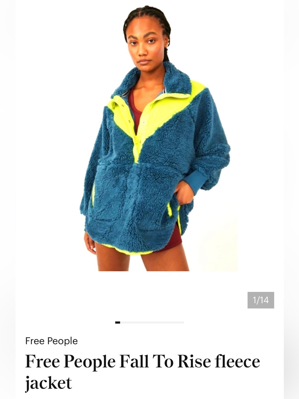 Free People Fall to Rise Jacket Blue & Neon Yellow Sherpa Fleece Jacket XS
